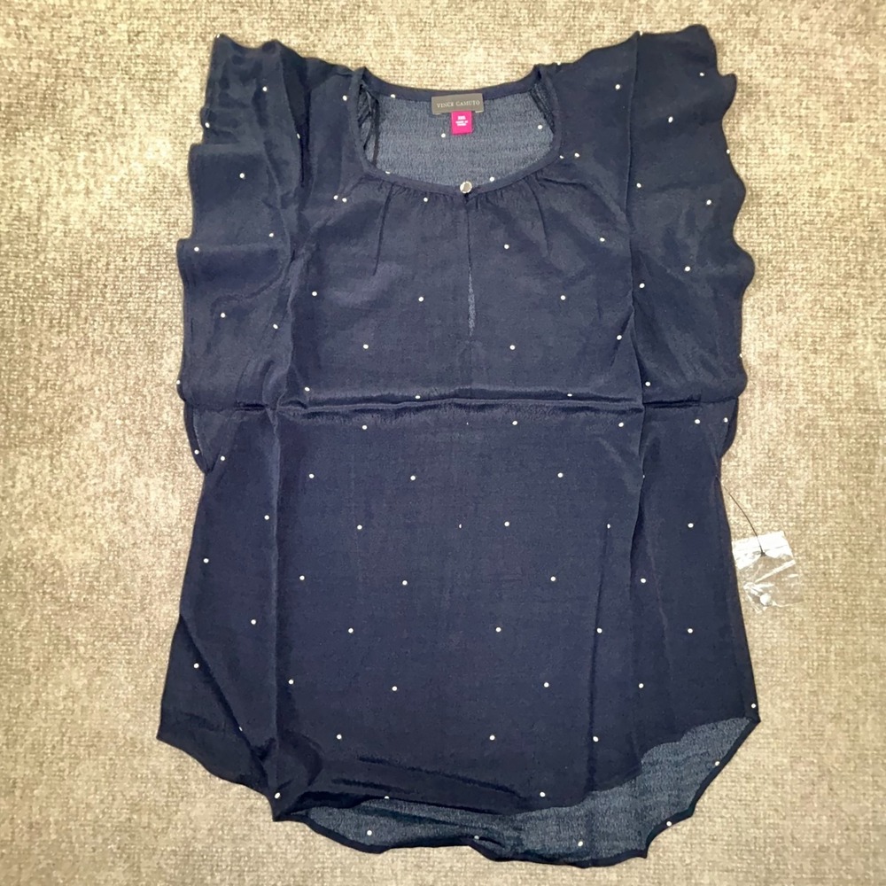 Vince Camuto Soho Pin Dot Blouse Top Women 2XS Blue Flutter Sleeve Keyhole Front